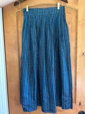 Alexander Julian 100% Linen Navy Rainbow Striped Maxi Skirt Sz 6